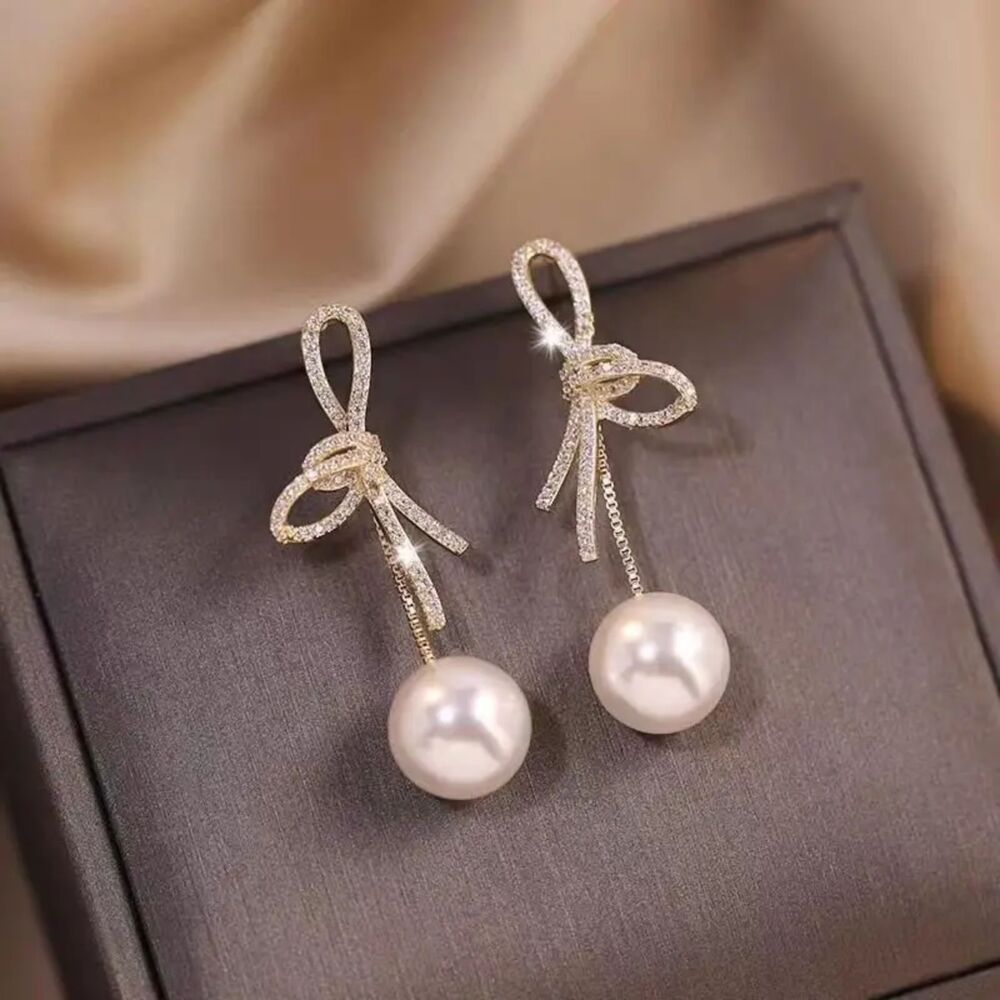Wicked Silk Elegant Classy Jeweled Bow and Pearl Dangling Earrings